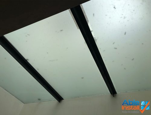 Opalescent privacy film with 20mm clear border installed to large roof light in Pimlico, London.
